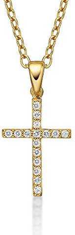 Diamond Treats 9 Karat Gold Kreuz Anhänger mit kubischen Zirkonia und Kette, zierliche 9K Gelbgold Kreuz-Anhänger Halskette für Damen und Mädchen, Kreuz Kette mit 45 cm Goldkette, 375 Echt Gold Kreuz