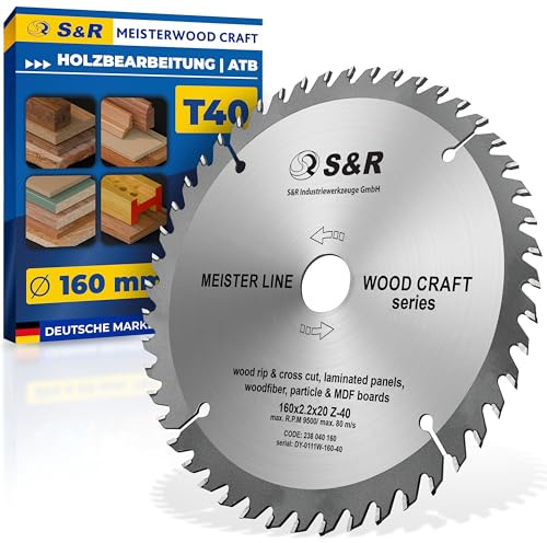 S&R Cirkelsågblad TCT hårdmetall 160 mm 40 tänder för kapsåg, gersåg och cirkelsåg – mångsidigt rundsågblad med reduceringsringar, träarbete, barrträ, lövträ och trähantverk bearbetning
