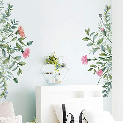 WandSticker4U®- [4er Pack] Wandsticker BLÄTTERRANKE & BLÜTEN (110x47 cm) I Wandtattoo Pflanzen Ranken grün Blätter Blumen rosa Natur I Wanddeko Schlafzimmer Badezimmer Küche Flur Tür Möbel Aufkleber