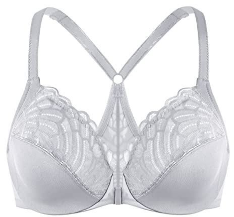 MELENECA Women's Front Fastening Racerback Plus Size Stretch Lace Underwire Unlined Bras Grey 34F