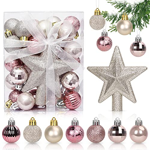 Mini Palline per Albero di Natale Bianco Oro Rosa, 30pcs, 3CM Palle Natalizie di Plastica, Decorazioni per Vacanze Feste