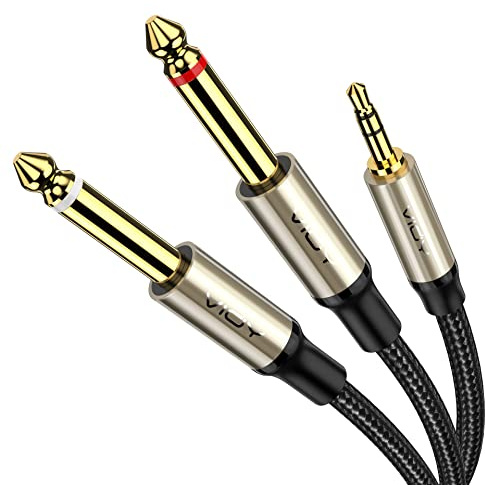 VIOY 3.5 mm to 6.35 mm 1/4 Audio Cable (6 ft/2 m), 3.5 mm 1/8'' TRS to Dual 6.35 mm 1/4 TS Mono Braided Y [1:1 Design] Splitter Breakout Cable for Guitar, Microphone, Mixer, Recording Equipment etc…