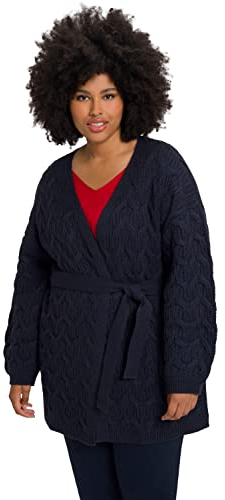 Ulla Popken Damen, Zopfmuster, Oversized, Bindegürtel Strickjacke, Marine, 50-52