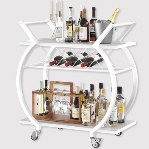 LVB White Drinks Trolley, 2 Tier Rolling Bar Cart, Modern Serving Trolley on Lockable Wheels, Wine Cart with Storage Shelves, Wine Holders, for Kicthen, Home Bar, Dining Living Room