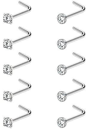 AccGin 6-10Pcs 18G 20G Nose Ring Surgical Steel Nose Rings Studs Piercing For Women Men 1.5mm 2mm 2.5mm 3mm Round Diamond CZ L Shaped Corkscrew Gold Black Silver Nose Piercing Hypoallergenic