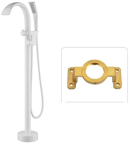 Freistehende Badewanne Armatur Wasserfall, Flacher Auslauf Standarmatur Freistehende Badewanne Mit 59'' Brauseschlauch, 360° Schwenkbar,Weiß