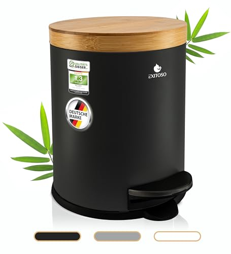 Exitoso 5L Mülleimer Bad Schwarz - Kosmetikeimer mit Bambus-Holzdeckel und Absenkautomatik - mit Rutschfest Pad - Tretmülleimer Bad aus Edelstahl - Badmülleimer - Badezimmer Mülleimer