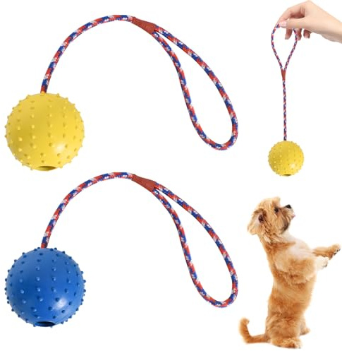Disnace 2 Piezas Pelota de Juguete para Perros,Pelotas de Perro para Limpieza,Pelotas de Comida para Goma-Amarillo y Azul - Colores Sensibles para Perros-Pelota con Cuerd (ø 7 X 30)