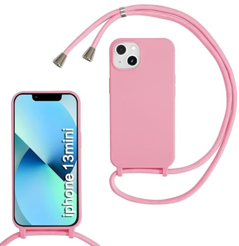 SLWYF Custodia per iPhone 13 Mini Cover con Cordino, Silicone Antiurto TPU Morbido Corda Collana Necklace Regolabile Stylish con Catena Ultra Sottile Cover Case, Rosa