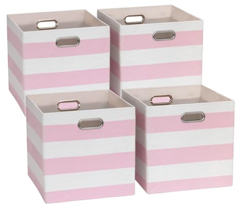 ORGMASTER Cube Storage Bins, Collapsible Fabric Storage Cubes, Cubby Storage Organizer Bins Striped Container Baskets for Home Office Wardrobe Closet Shelf, 4 Pack, 33 x 33 x 33 cm, Pink/White