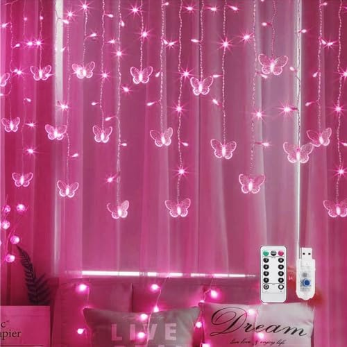 Cynzia Butterfly Curtain Lights, 8 Modes 48LED Twinkle String Light with Remote 4.9FT USB Powered Window Fairy Light, Decorative Lights for Bedroom, Party, Wedding, Holiday, Christmas (Pink)
