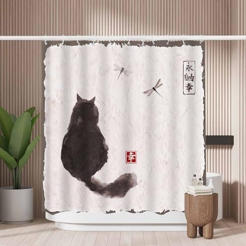 Woutay Shower Curtain Mould Proof Resistant Black Fluffy Cat,Water Repellant Fabric,Polyester,with 12 Plastic Hooks,Size 180x180CM