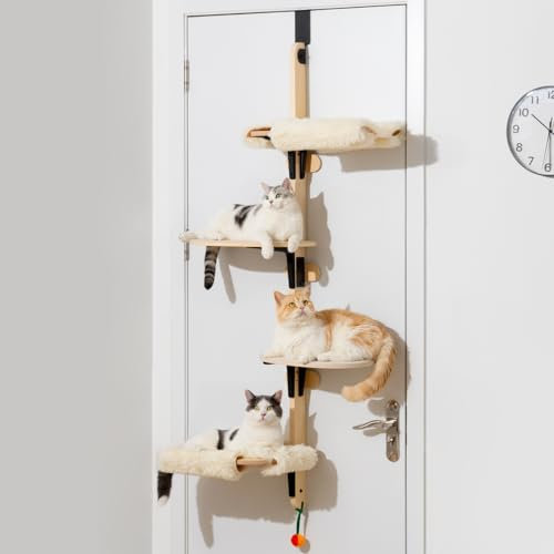 MEWOOFUN 4-Stufige Vielseitige Katzen-Wandregale, Kletter-Tür Montiert aus Holz, Stabiles Wandmöbel Mit Teppichboden, 165cm x 68cm x 35cm