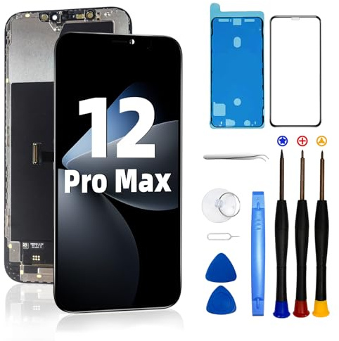 DTD Bildschirm für iPhone 12 Pro Max 6,7 Zoll LCD COF Full HD Touchscreen Digitizer Montage mit vollständigem Reparaturset, wasserdichte selbstklebende Displayschutzfolie für A2342, A2410, A2412