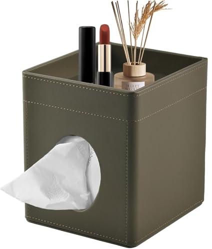 XNONE Tissue Box Cover Square Tissue Box Holder PU Leather Facial Tissues Organizer with Storage Tray for Bathroom Vanity Bedroom Office Car,Stylish Napkin Caddy Decorative Organizer (Olive-Green)