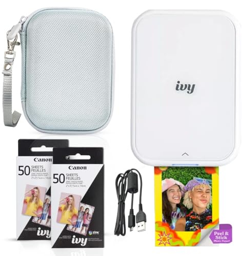 Canon Ivy 2 Mini Photo Printer (Pure White) - Bluetooth, Print from iOS & Android Devices, Bundle Incl. 110 Zink Sticky-Back Prints, LED Light Bar, Protective Case, and USB Cable