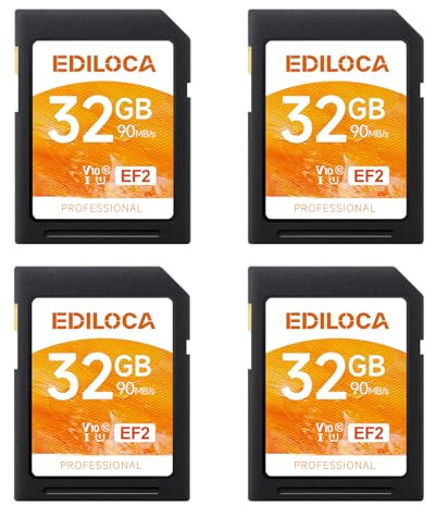 Ediloca Scheda SD da 32GB EF2, 4 Pack,fino a 100MB/s in Lettura, UHS-I, C10, U3, V30, video Full HD e 4K, scheda di memoria, scheda SD per fotocamera, indispensabile per fotografi professionisti