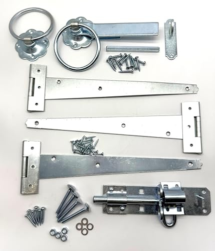Garden Gate Hinge Pack. 3X 12 Tee Hinges, Ring Latch, Padbolt & All Fixings. Hanging Kit for Garden Gates, Sheds and Doors. Corrosion and Weather Resistant External Hinge Set.