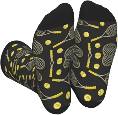 SATUSA Lustige Socken für Erwachsene mit Tennisschlägern und Tennisbällen, bequeme Socken für Damen und Herren, Knöchelsocken mit verstärkter Ferse und Zehen, 3 Schwarz, Einheitsgröße