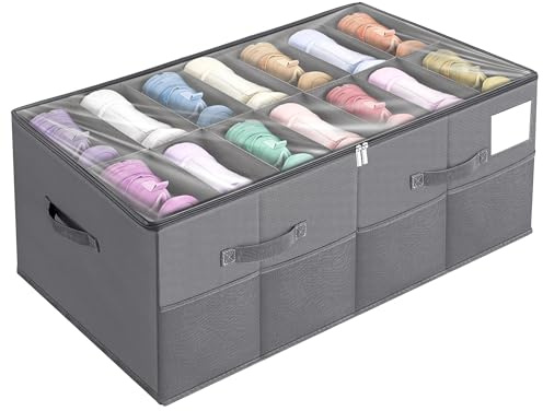 Schuhorganizer Platzsparend, Passt 14 Paare, Schuh Organizer für Schrank Durchsichtigem Deckel, Große Schuh Aufbewahrung, Aufbewahrungsbox mit Netztasche und Tragegriff (Grau, 75cm x 30cm x 44cm)