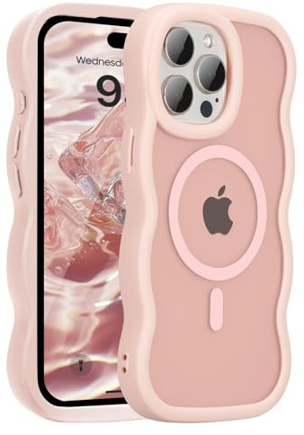 UEEBAI Magnetic for iPhone 14 Pro Max Case, Cute Cover Compatible with MagSafe, Transparent Clear Wave Design Wavy Frame Matte Phone Case- Pink