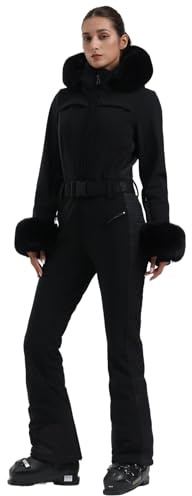 GSOU SNOW Ski Suit Womens One Piece Snowsuit Snowboard Jacket Slim Snow Jumpsuit Faux Fur Ski Outfit Waterproof Windproof Insulated,Black L