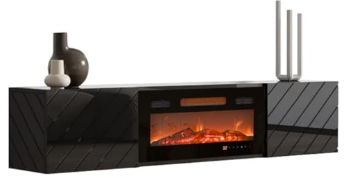 Mirjan24 TV-Lowboard Luxe EF mit Elektrischem Kamin, Realistische LED-Flamme, Schrank für Fernseher bis zu 80 Zoll, Fernsehschrank (Schwarz/Schwarz Hochglanz, mit Kamin Schwarz)
