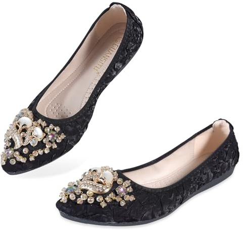 YOUNIFIZ Ballerines plates enroulables avec strass étincelants pour femmes, chaussures habillées pliables à bout pointu confortables et légères, Noir , 38 EU