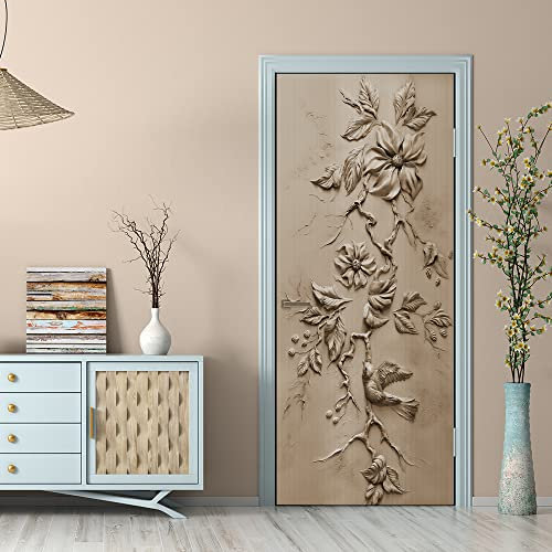 3D Türaufkleber Braune geprägte Blume Türtapete Wandbild Selbstklebend PVC Wasserdicht Abnehmbar Türfolie TürPoster Fototapete Wohnzimmer Schlafzimmer küche bad büro Dekoration B90 x H200cm