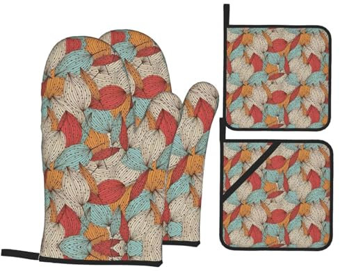 Guanti Da Forno E Presine Da Cucina Set, Leaves Stylish Guanti Da Cucina Professionale Guanti Da Barbecue Professionale Kit Guanti Da Forno Per Grill Grigliate Cucina