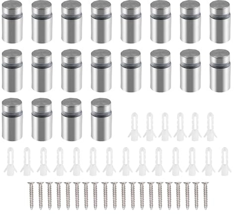 HUAZIZ 20 Piezas 12×20 mm Tornillo de Publicidad de Acero Inoxidable, Clavos de Vidrio Publicidad Tornillo Separador, Clavos de Fijación de Vidrio, con Tornillos, para Publicidad de Crista, Plata