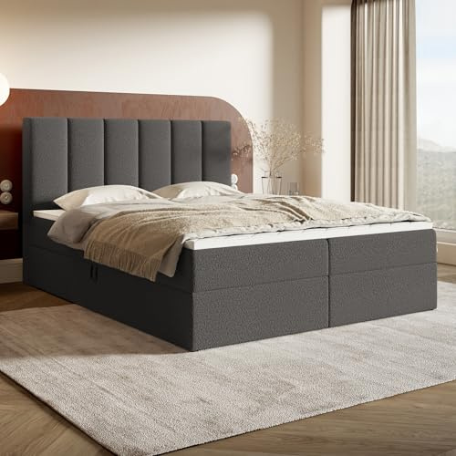 MOTIVENA Santiago Boxspringbett 180x200 mit Bettkasten und Topper, Polsterbett 180x200 mit Bettkasten, Bonellfederkern-Matratze (H4), T28 Komfortschaumstoff Topper (H3), Boucle, Grau (Anthrazit)