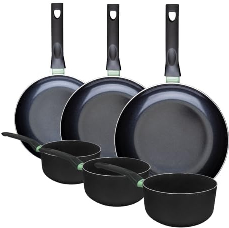 Fackelmann 9431050 Ensemble de 3 poêles de 20 24 et 28 cm et 3 casseroles 16 18 et 20 cm, revêtement céramique antiadhésif sans PFAS, tous feux, induction, four, Aluminium, Noir, Vert, 16, 18 et 20 cm