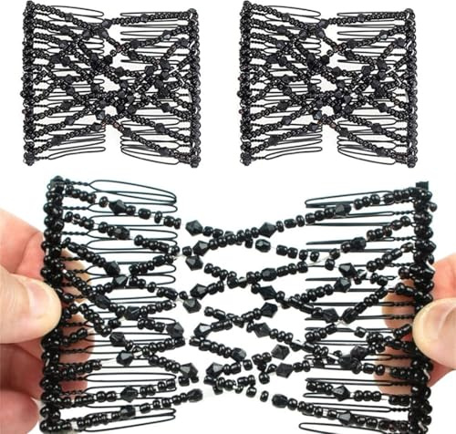 JEYORZY 2 Pinzas de Peinetas Elásticas de Pelo Mágicas, Pelo Peine Doble para Cabello, Peinetas Para El Pelo con Decoración de Perlas, Magic Hair Comb, Moda Mágica Peines Dobles para el Cabello, negro