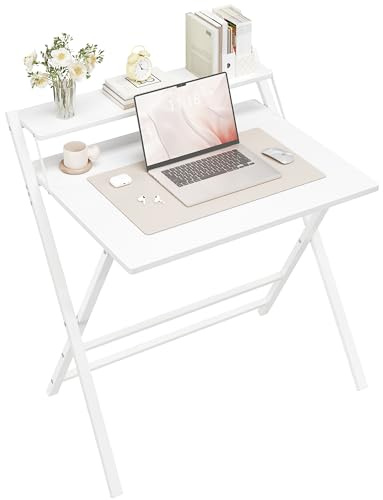 Yaheetech fällbart skrivbord, 80 cm datorbord med hylla, 2-stegs arbetsbord med monitorstativ, laptopbord för hemmakontor, små rum/vardagsrum, vit/80 cm L x 50 cm B