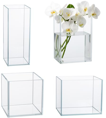 Ninehaoou 4 Pcs Square Glass Vases Set, 4 Sizes Cube Flower Vases for Wedding Centerpieces, Clear Floral Accent Container Plant Terrarium Candle Holder for Table Decor Home Party Ceremony Event Office