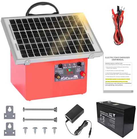 32KM Solar Pastor Electrico con Batería,9.5KV pastor electrico Cerca eléctrica Controlador para caballos, 0.5J Cerca eléctrica Pastor para Cría de animales pastores, para Granja Pastar Jardín (Red)