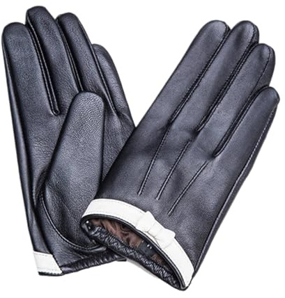 Herbst/Winter Lederhandschuhe Damen Klassische Schwarz-Weiß-Schleife Fahrhandschuhe Kurze dünne FüR Damen(M)