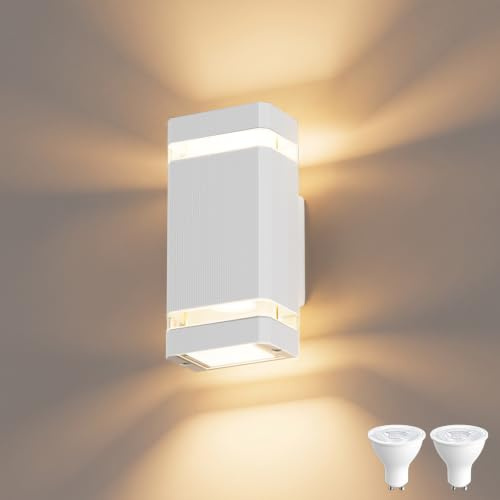 Aipsun Außenwandleuchte Außenlampe,3000K,GU10,Weiß | LED Außenleuchte Wandleuchte, IP65 wasserfest, Up Down Außenbeleuchtung für Garage, Korridor