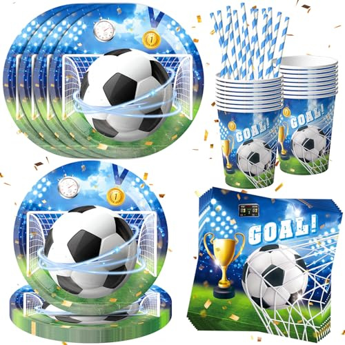 64 unidades de juego de vajilla para fiesta de fútbol, decoración de Copa del Mundo para cumpleaños infantil, juego de vajilla de fútbol para cumpleaños infantil incluye platos, servilletas, tazas
