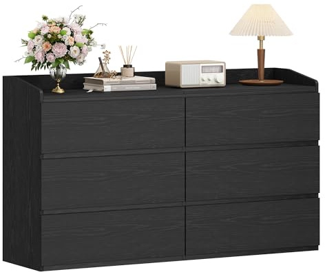 Hzuaneri byrå med 6 lådor, 40 x 138 x 84 cm, svart | Sidoskåp med arbetsyta, skåp med övre räcke, modern stil, lämplig för vardagsrum och sovrum DC 32604X