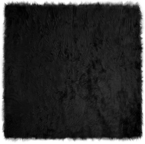 Mhdvray Kunstschaffell Teppich Tafalla Schwarz 120x120 cm hochfloriger Polyester Flokati Rug weich & langlebig Modernes Design for Living Room Bedroom