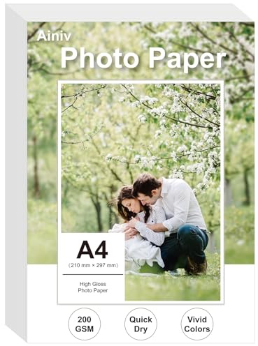 Ainiv 50 Fogli Carta Fotografica Lucida per Getto d'inchiostro A4, 200 g/m², ad Asciugatura Rapida e Impermeabile, Compatibile con Stampanti a Getto d'inchiostro HP, Canon, Epson
