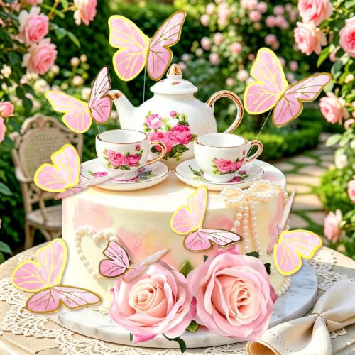 Tea Party Cake Toppers Flower Butterfly Teapot Teacup Floral Cake Decor | Floral Birthday Cake Decorations for Wedding Baby Bridal Shower Princess Tea Party Supplies