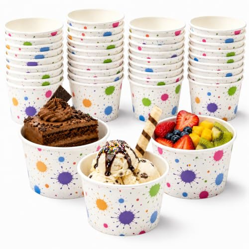 FainFun 50 Stück Eisbecher mit Löffeln, 150 ml Eisbecher Pappe, Eiscreme Schalen für Dessert, Snacks und Partys, Ice Cream Cups für Feiern (Bunte Tupfen)