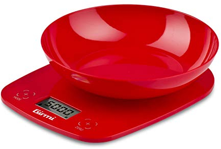 Girmi PS0102 Bilancia da Cucina, Plastica, 1 gr/ 5kg, Display LCD 45 x 22mm, Autospegnimento, Funzione TARA, Rosso