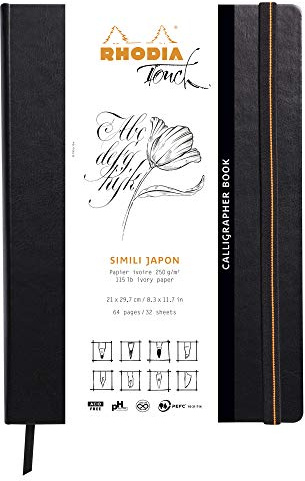 Rhodia 116125C - Heft Calligrapher Book DIN A4 (21x29,7 cm), 32 Blatt, blanko, Clairefontaine Papier Simili Japon Elfenbein 250g, Gummizugverschluss, Lesezeichen, Cover aus Kunstleder Schwarz, 1 Stück
