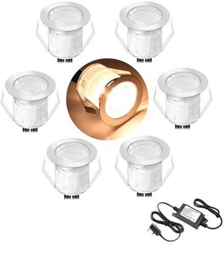 GEYUEYA Home LED Decking Lights, Warm White IP67 Ø30mm 12V 0.6W, 6 Pack | Led Plinth Light Kits for Deck, Wall, Path, Patio Decoration, 12V Low Voltage Safe