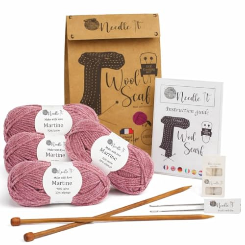 Needle It® - Komplettes Strickset für Anfänger mit Stricknadeln - Strickschal aus Wolle - Geschenkidee (Burgunderrot)