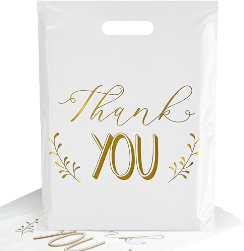 100 Stück Einkaufstaschen Plastik 38 x 30cm, Haltbar Weiß Thank You Plastik-Beutel Tüten, Geschenktaschen zum Verpacken Einkaufen, Einzelhandel Tragetaschen für Imbiss Kiosk Laden Markt